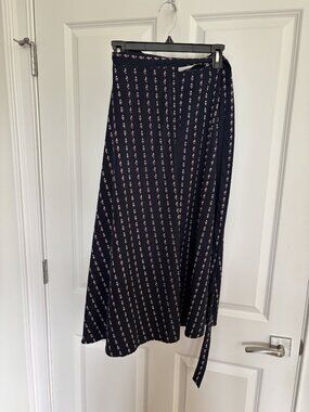 Octavia Navy Feather Print Midi Wrap Skirt, Size M (Fits S/M)